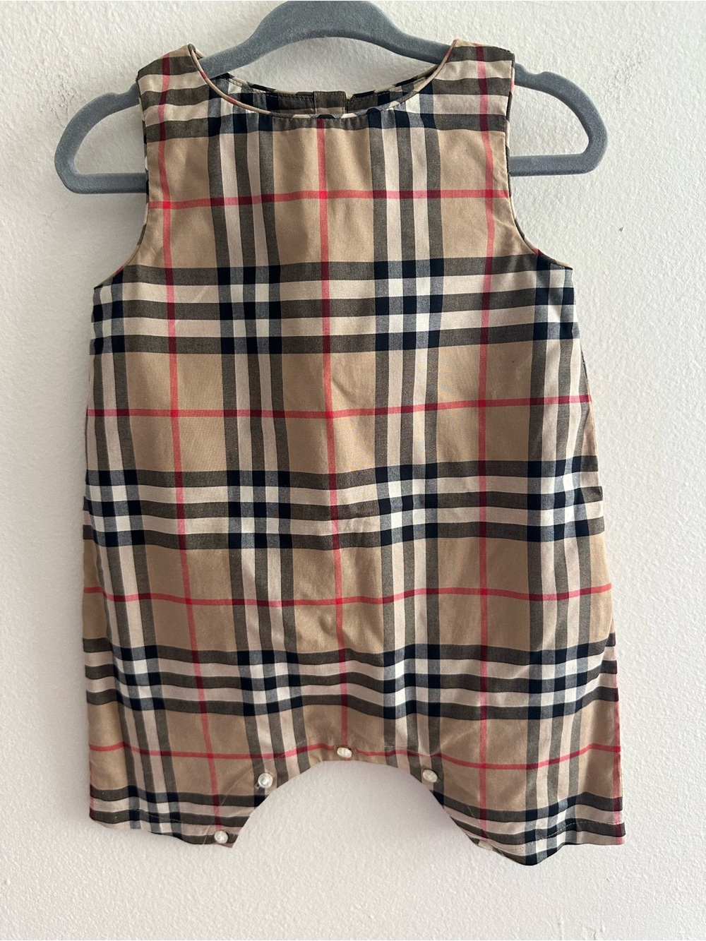 Burberry London England Classic Plaid Baby Romper w/ Black, White & Red Accents